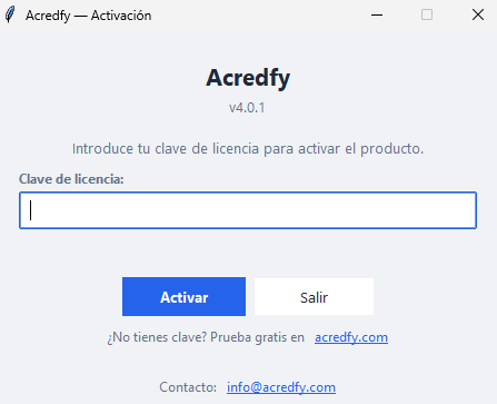 Pantalla de activacion de licencia